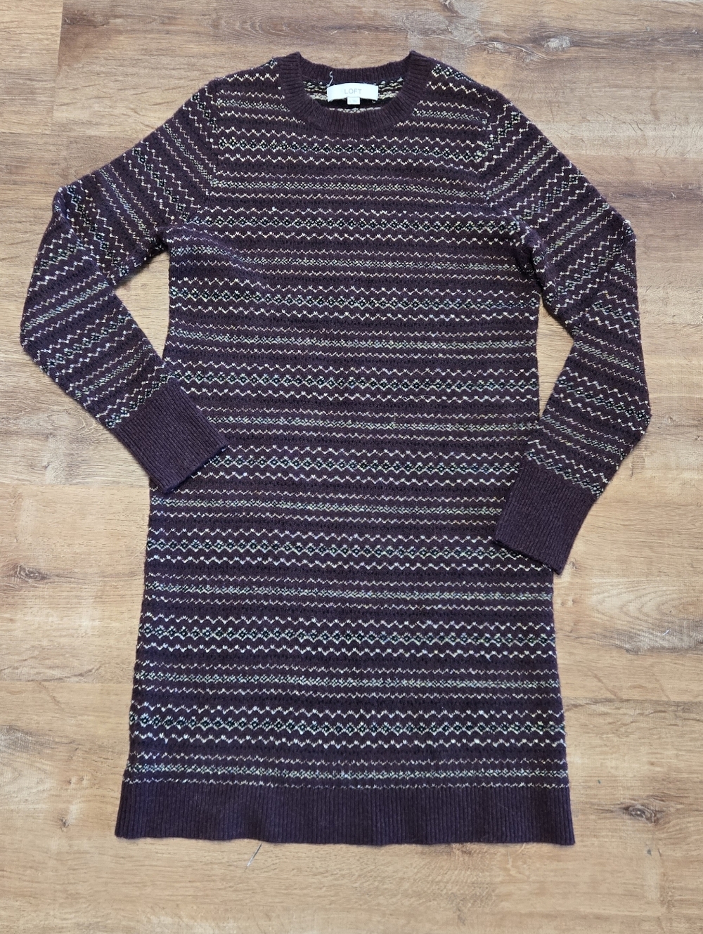 LOFT Plum Multicolor Striped Knit Long Sleeve Sweater Dress Wool Blend Small